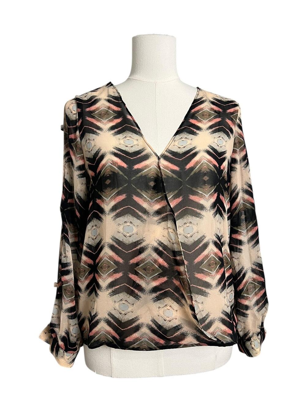 Depri Blouse Womens Medium Beige Geometric Sheer Surplice Slit Sleeve Top